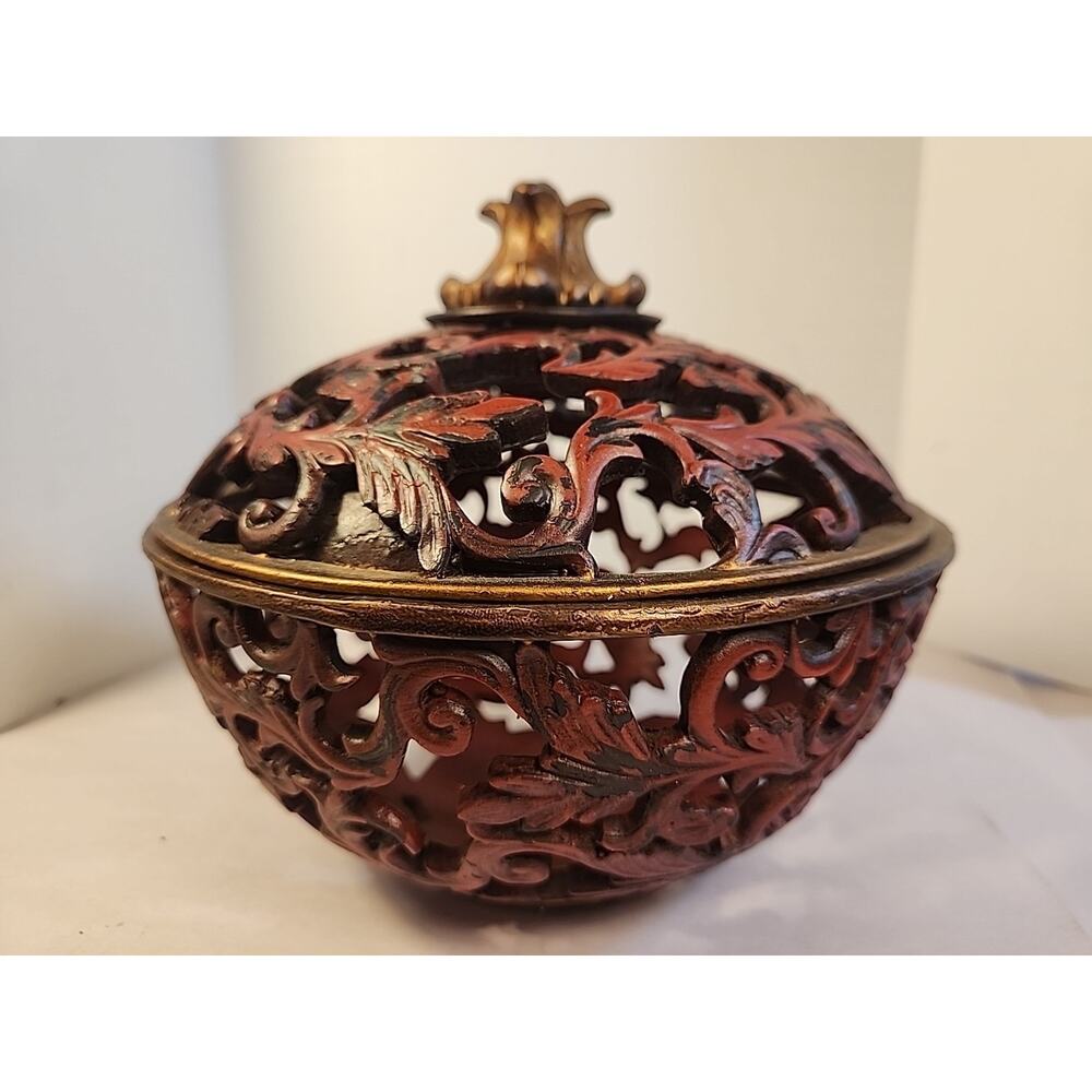 Chinese Red Cinnabar Lacquer Incense Burner Covered Bowl VTG